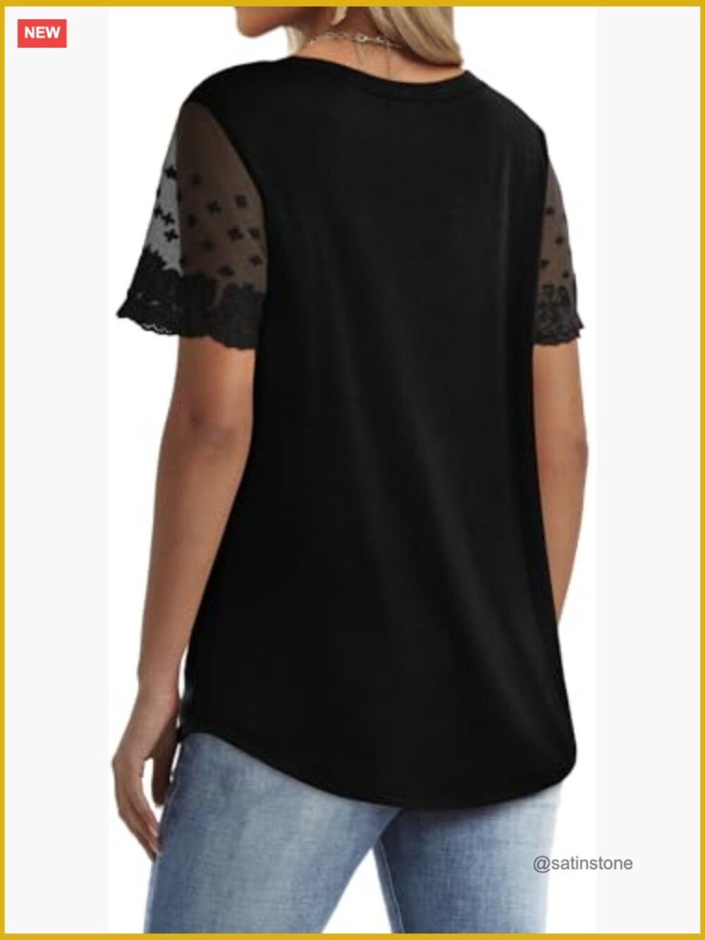 V Neck Lace Short Sleeve T Shirts for Women Curved Hem Loose Fit Tee - Picture 5 of 7
